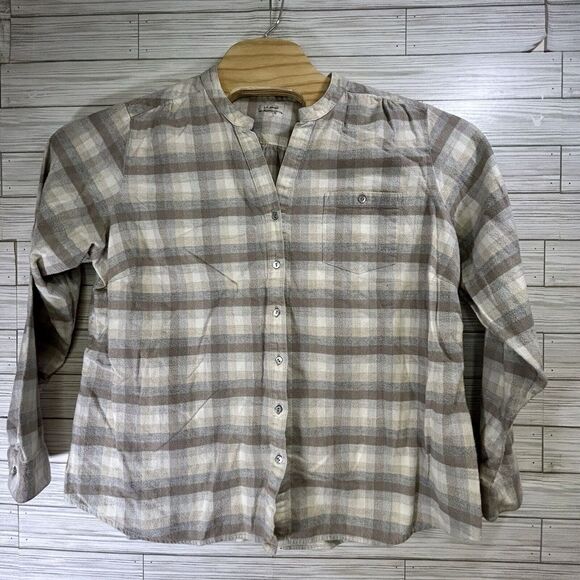 L.L. Bean Women's Whisper Weight Henley Collar Flannel Tan‎ Plaid Sz "XL" - Picture 2 of 9